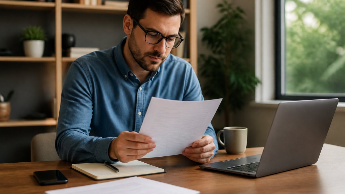 A founder at a desk reviewing incorporation documents on a laptop, with a notepad and coffee nearby in a bright home office