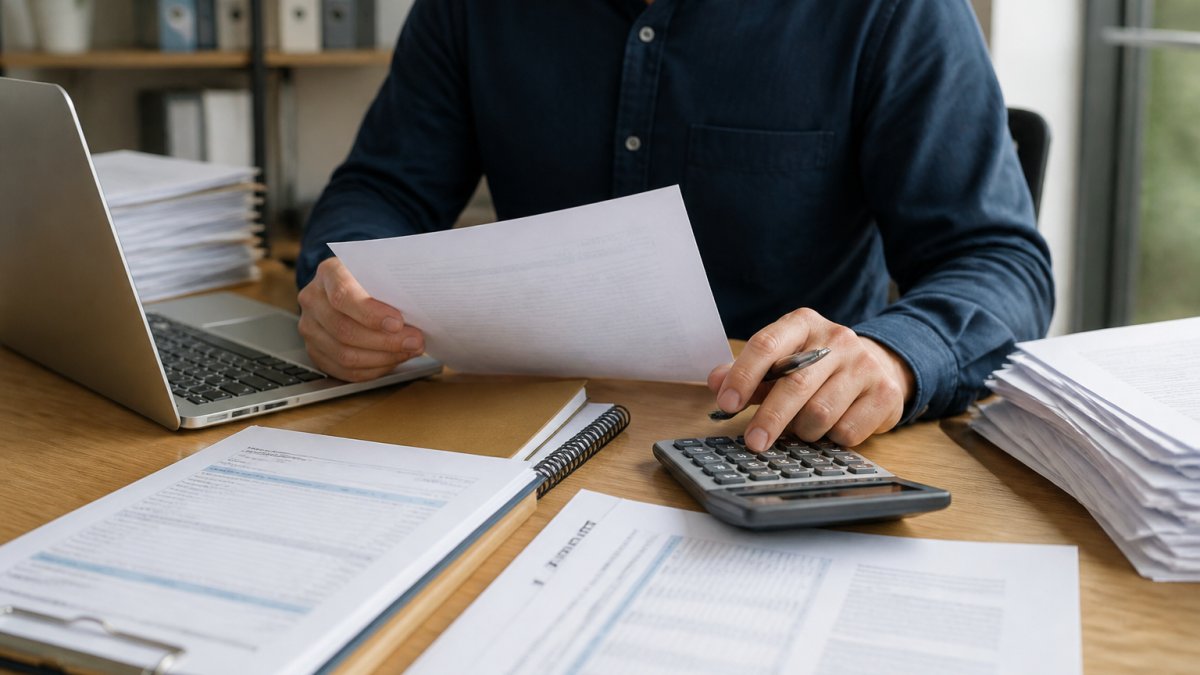 Business owner reviewing tax documents and checklist at desk with laptop, calculator, and corporate tax forms visible under warm office lighting