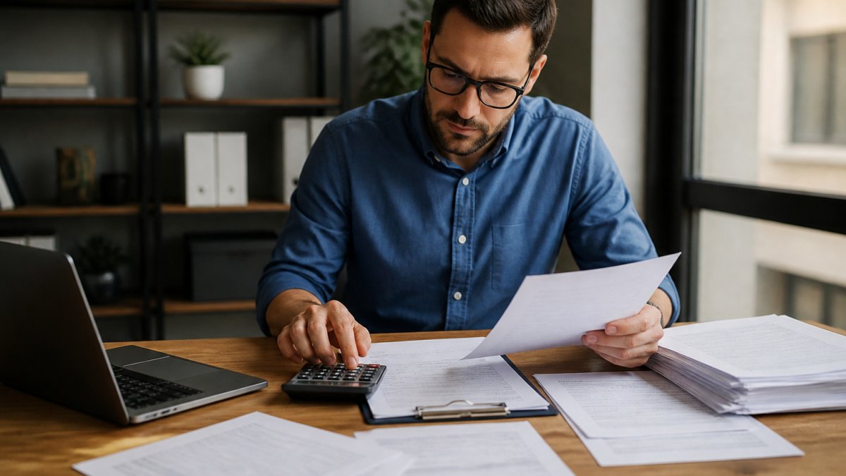 Business owner reviewing employee payroll records and gross pay calculations at desk with calculator, laptop, and tax documents under office lighting